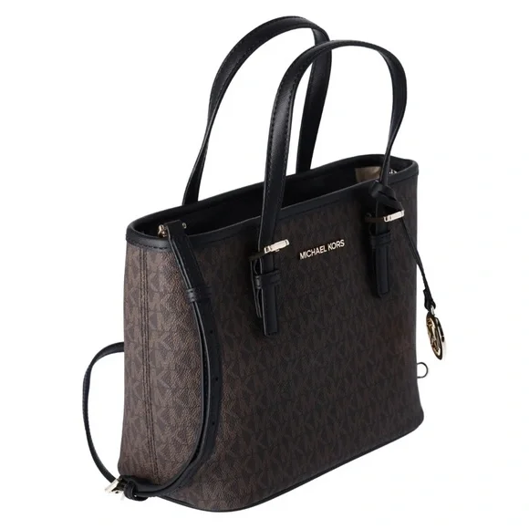 Michael Kors Jet Set XS Carryall Tote Crossbody Brown MK Logo Signature Black - Picture 9 of 11